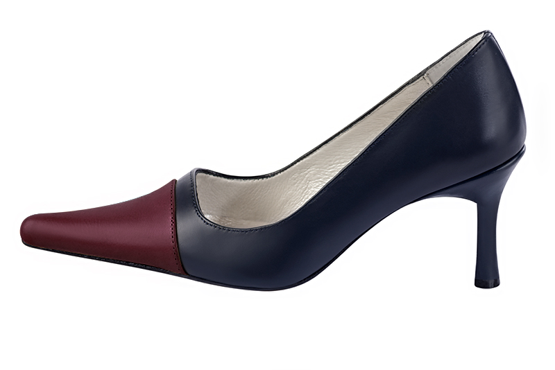 Burgundy red and navy blue women's dress pumps,with a square neckline. Pointed toe. High slim heel. Profile view - Florence KOOIJMAN